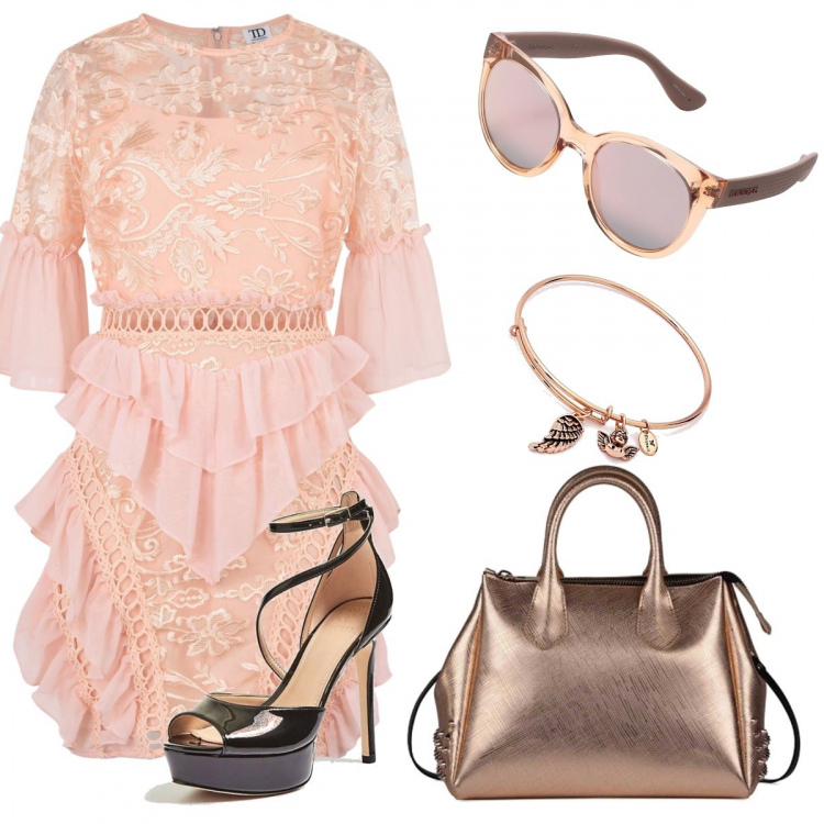 Outfit donna - Oro e rosa chic. Stile Chic per Cerimonia. look ideale per Petite. Abbinamento con vestito corto a tubino con pizzo collo tondo a maniche corte con zip interno foderato con balze crêpe, occhiali da sole a gatto lenti a specchio montatura in plastica, bangle rosa, borsa a mano con borchie taglia media con zip in ecopelle con tracolla regolabile, sandali con tacco.