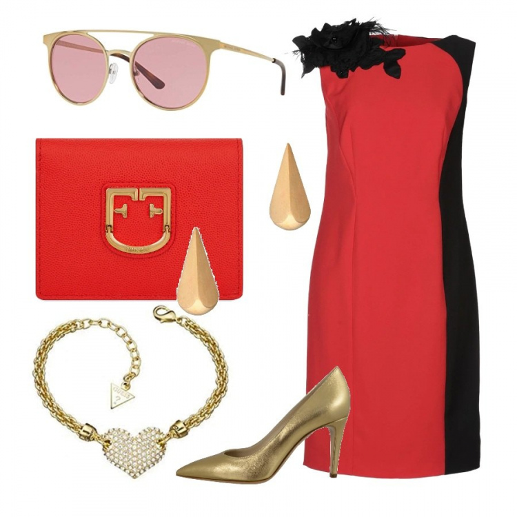 Outfit donna - Cerimonia con dettagli oro. Stile Chic per Cerimonia. Abbinamento con vestito a trapezio fantasia collo tondo senza maniche con zip interno foderato, orecchini con farfallina oro, occhiali da sole oro, bracciale in ottone, portamonete, décolleté oro.