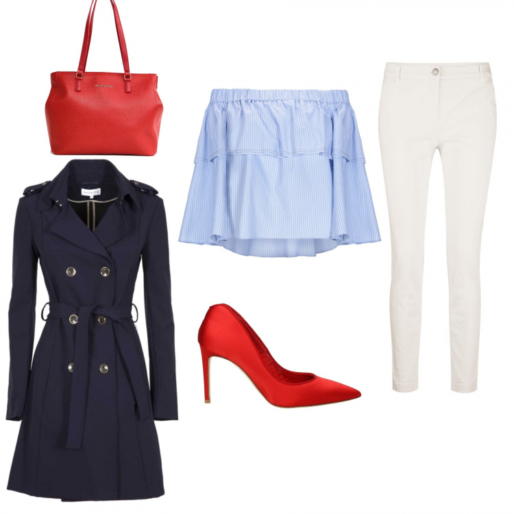 Outfit donna - Giornata con stile. Stile Chic per Ufficio. Abbinamento con bluse, décolleté, trench doppiopetto con bottoni, pantalone beige, borsa maxi in pelle martellata a calamita.