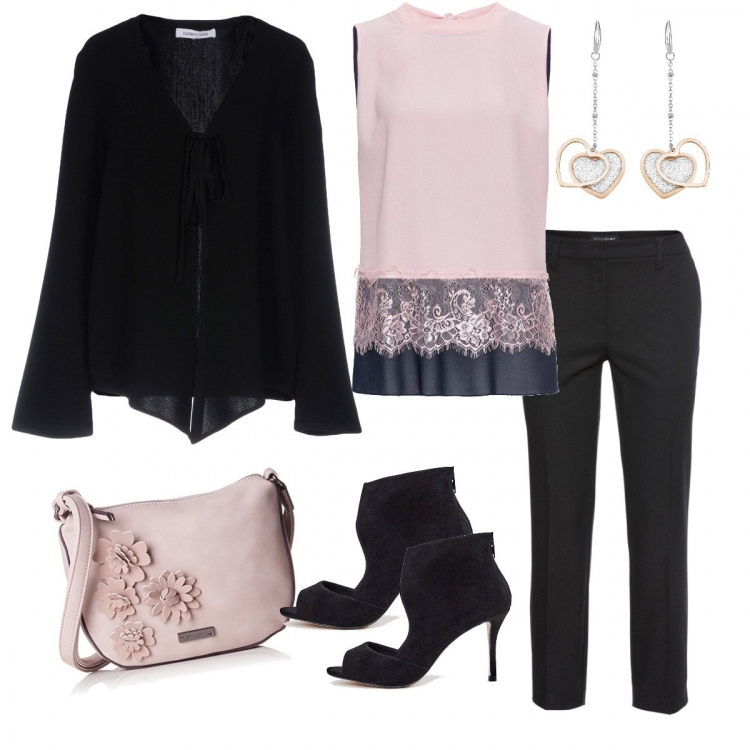 Outfit donna - Sweet dreams. Stile Basic per Serata fuori. Abbinamento con pantaloni, blusa con pizzo senza maniche blu, giacca effetto acetato collo a v a maniche lunghe con laccetti interno sfoderato in seta crêpe, stivaletti con tacco alto e zip open toe, borsa a tracolla rosa, orecchini.