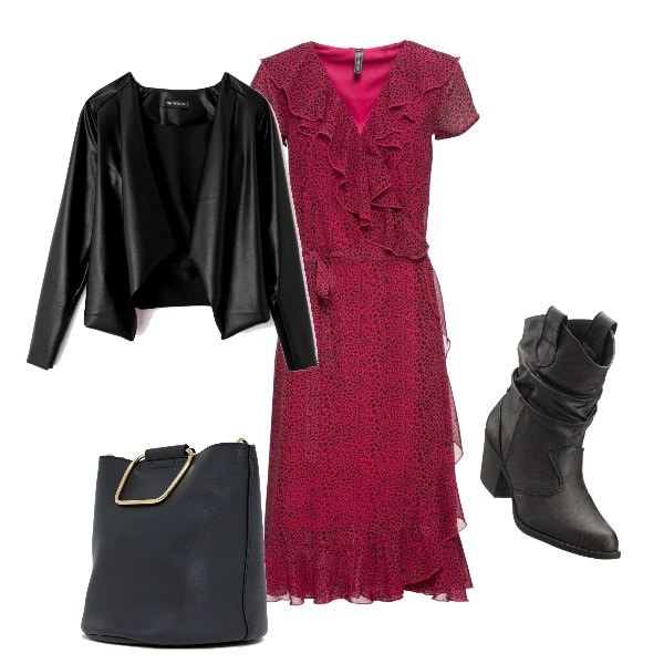 Outfit donna - Stivaletti texani. Stile Trendy per Tutti i giorni. Abbinamento con stivaletti texani, vestiti midi/longuette, giacca scollatura in ecopelle nero, t-shirt secchiello con coulisse in denim jersey nero e oro.