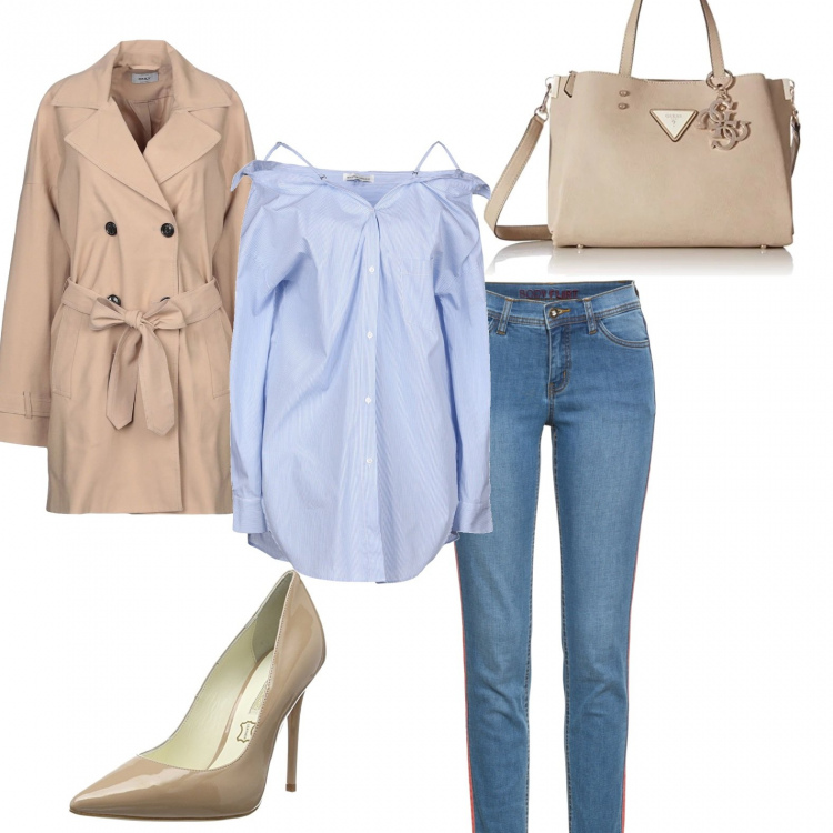 Outfit donna - Chic #5593. Stile Chic Abbinamento con jeans elasticizzato skinny, camicia senza tasche a righe collo classico a maniche lunghe in cotone con bottoni, cappotto, shopping bag con zip in pelle sintetica beige, scarpe con tacco beige.