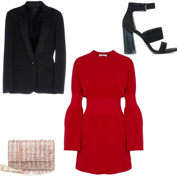 Outfit donna - Eleganza. Stile Trendy per Cerimonia. Abbinamento con vestito corto a trapezio lavorato a maglia collo tondo a maniche lunghe interno sfoderato in lana tinta unita, giacca con spacco posteriore collo con revers a maniche lunghe interno foderato in raso jersey, sandali con cinturino animalier nero, borsa a tracolla mini effetto laminato.