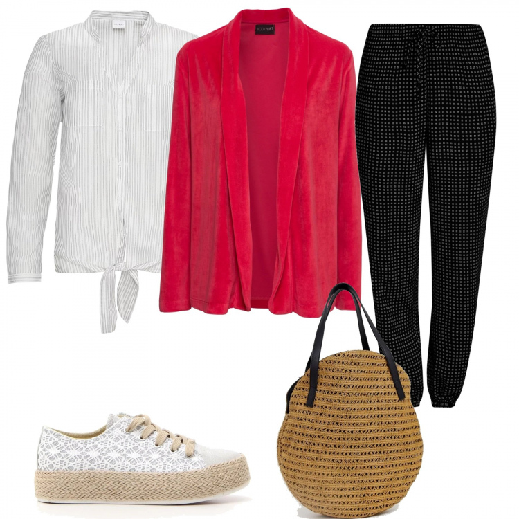 Outfit donna - Trendy #10543. Stile Trendy per Tutti i giorni. Abbinamento con blazer collo aperto in velluto rosso, blazer, sneakers stringate, pantalone con cintura e tacco alto aderente nero, vestito maxi con coulisse e punta tonda in paglia.