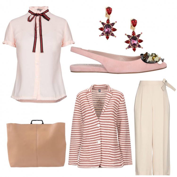 Outfit donna - Stagione brillante. Stile Bon Ton per Tutti i giorni. Abbinamento con camicia con fiocco a maniche corte crêpe, pantaloni, giacca, ballerine slingback con strass effetto scamosciato senza tacco a punta tinta unita, borsa a mano maxi con zip e manico tinta unita, orecchini con strass a clip.