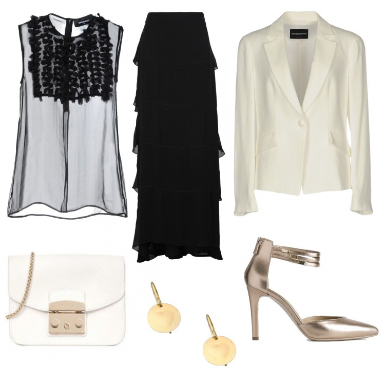 Outfit donna - Per un’elegante cerimonia. Stile Bon Ton per Cerimonia. Abbinamento con gonne lunghe, top, giacca in viscosa, orecchini oro, décolleté con zip, catena mini in pelle con tracolla removibile.