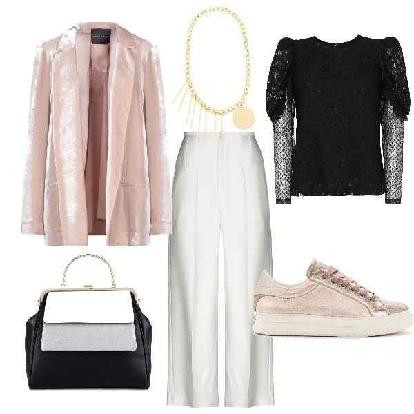 Outfit donna - Cerimonia Trendy. Stile Chic per Cerimonia. look ideale per Tall. Abbinamento con pantalone effetto acetato vita alta con zip in raso tinta unita, giacca, blusa con pizzo collo tondo a maniche lunghe tinta unita, collana, sneakers effetto martellato con lacci, borsa a mano a scatto in pelle sintetica.
