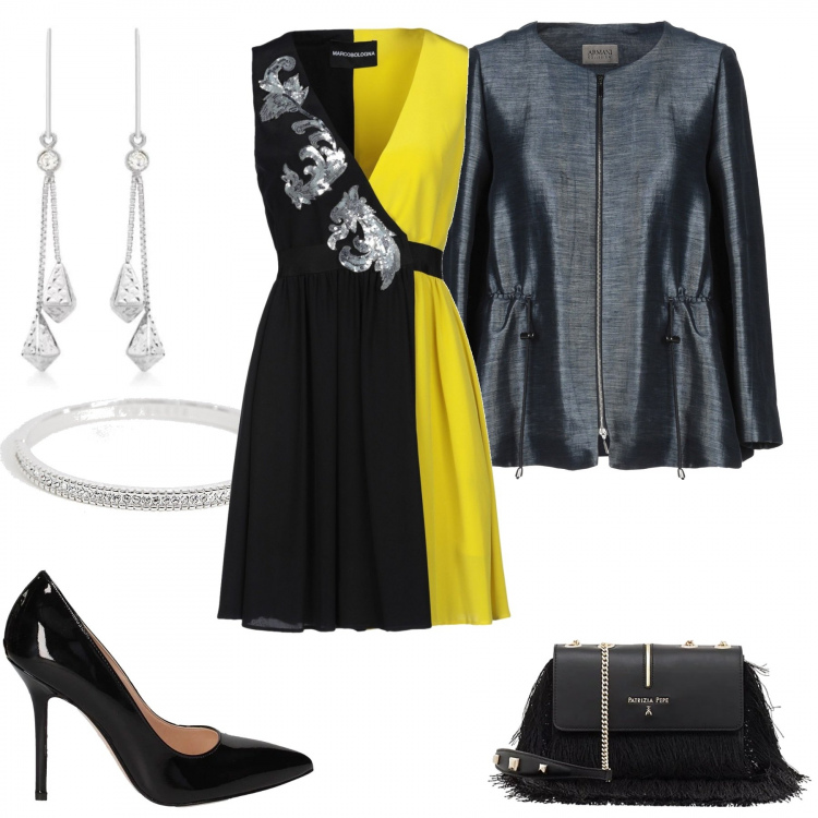 Outfit donna - Giallo e nero. Stile Trendy per Cerimonia. Abbinamento con vestito corto a trapezio fantasia con paillettes scollatura profonda senza maniche interno foderato in seta crêpe, giacca collo tondo a maniche lunghe con laccetti interno sfoderato tinta unita, borsa a tracolla, orecchini pendenti in oro bianco 9ct, bracciale argento, décolleté effetto vernice.