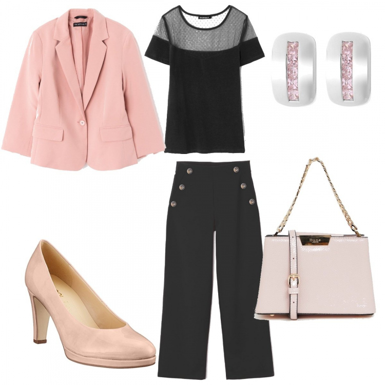 Outfit donna - Total look #264085. Abbinamento con pantalone wide leg con bottoni nero, t-shirt girocollo a maniche corte in tulle nero, giacca tinta unita rosa, scarpe con tacco, scarpe con catena e punta quadrata con manico e tracolla regolabile, orecchini.