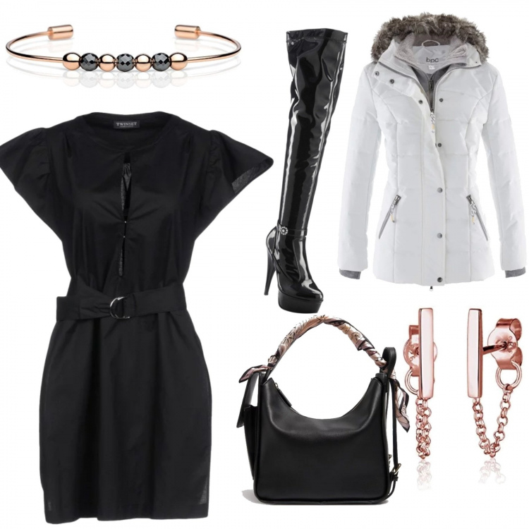 Outfit donna - In baita. Abbinamento con piumini, stivali sopra il ginocchio, blusa, orecchini, zaino con foulard e zip in seta con tasca interna, bracciale.