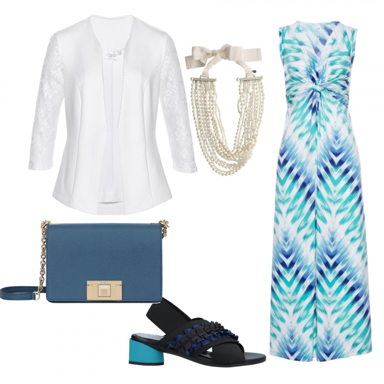 Outfit donna - Basic #5955. Stile Basic per Mare. Abbinamento con sandali con ruches e tacco geometrico con punta tonda tinta unita, collana fantasia con laccetti tinta unita, vestiti, blazer, borsa a tracolla mini.