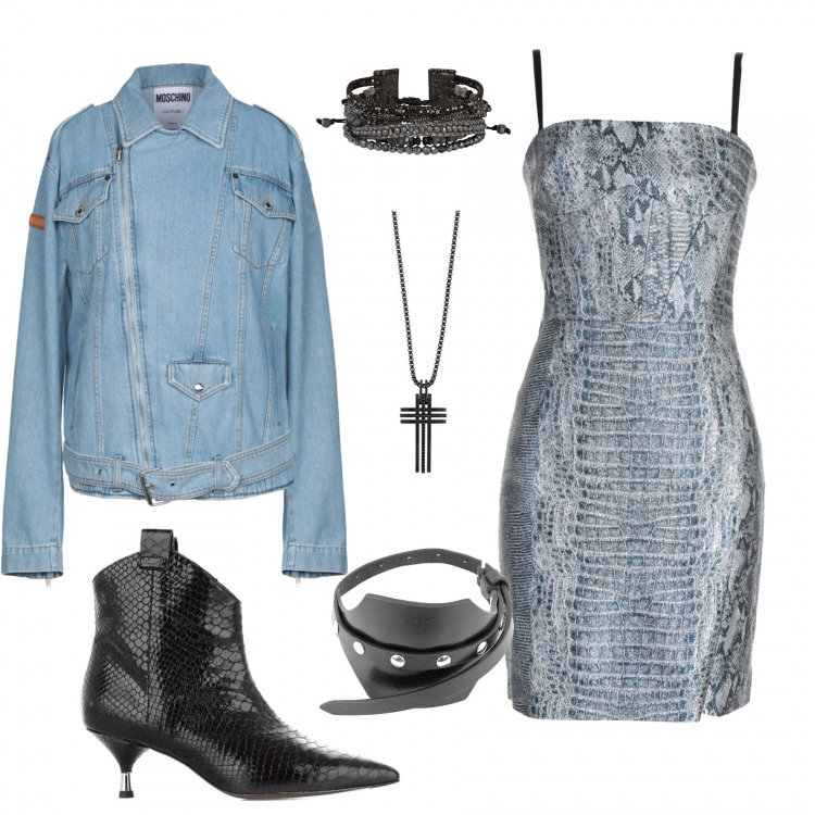 Outfit donna - Punk rock. Stile Rock per Serata fuori. Abbinamento con vestito corto a tubino fantasia effetto laminato scollatura profonda con zip interno foderato jersey, bracciale, bracciale, cintura collo classico a maniche lunghe con zip interno sfoderato in denim tinta unita, stivaletti con stampa nero, collana nero.