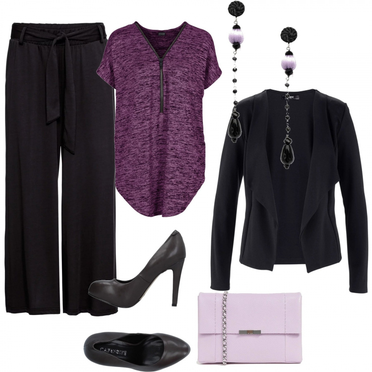 Outfit donna - Viola Soft. Stile Trendy per Serata fuori. Abbinamento con blazer, maglia oversize maxi con zip viola, pantalone jersey, orecchini con perline e farfallina in seta argento, décolleté, maglia con cinturino e tasca interna.