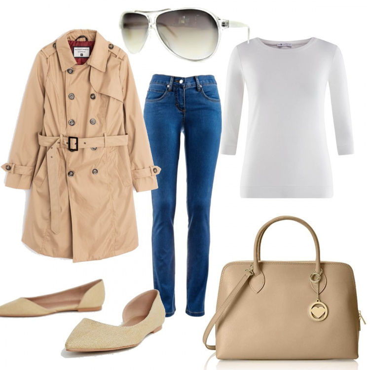 Outfit donna - Il tranch e le ballerine. Stile Urban per Tutti i giorni. Abbinamento con jeans dritti, trench doppiopetto beige, borsa a mano, felpa aderente bianco, ballerine pianta larga, occhiali da sole unisex-adulto bianco.