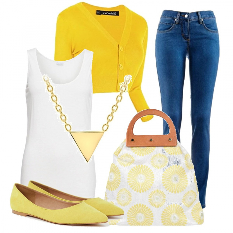 Outfit donna - Cardigan giallo e t-shirt bianca. Stile Basic per Tutti i giorni. Abbinamento con jeans dritti, top jersey, borsa a mano fantasia floreale effetto laminato taglia media doppio manico interno foderato jacquard, bolero lavorato a maglia con bottoni, ballerine, collana argento.