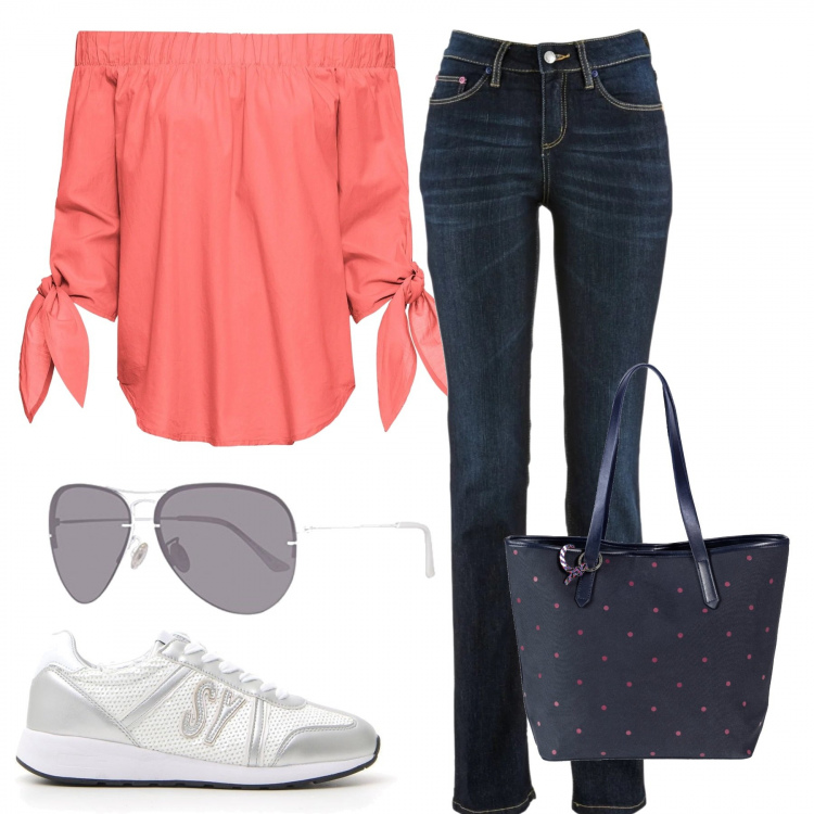 Outfit donna - Basic #5991. Stile Basic per Tutti i giorni. Abbinamento con jeans dritti, blusa con scollo fucsia, shopping bag a pois, sneakers, occhiali da sole unisex-adulto grigio.