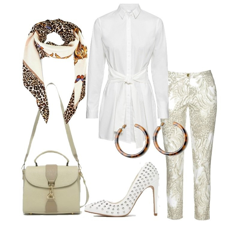 Outfit donna - Camicia chemiesier e fantasia. Stile Trendy per Tutti i giorni. Abbinamento con vestiti, pantaloni capri, sciarpa con stampa beige, scarpe con borchie a punta in denim, borsa a tracolla beige, orecchini farfalla.
