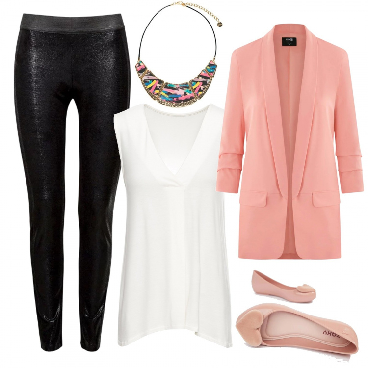 Outfit donna - Altezza è bellezza. Stile Bon Ton per Tutti i giorni. look ideale per Tall. Abbinamento con top, blazer collo aperto aderente rosa, pantalone nero, scarpe con punta tonda suola piatta, collana.