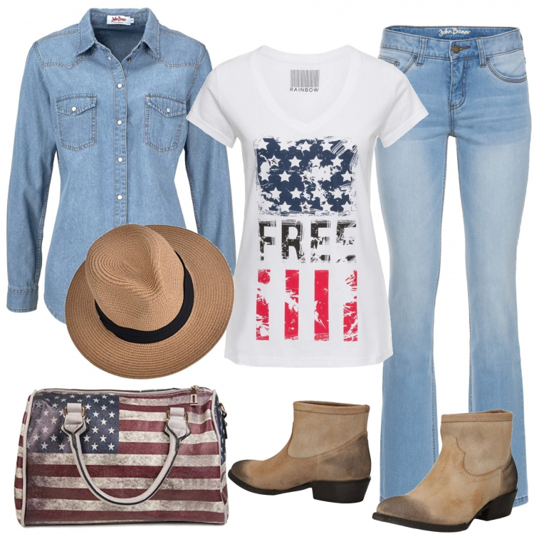 Outfit donna - American dream. Stile Trendy per Tutti i giorni. Abbinamento con camicie, jeans taglio dritto in denim elasticizzato blu, maglia con stampa bianco, stivaletti, portafoglio grigio, cappello collo aperto con fasce in paglia.