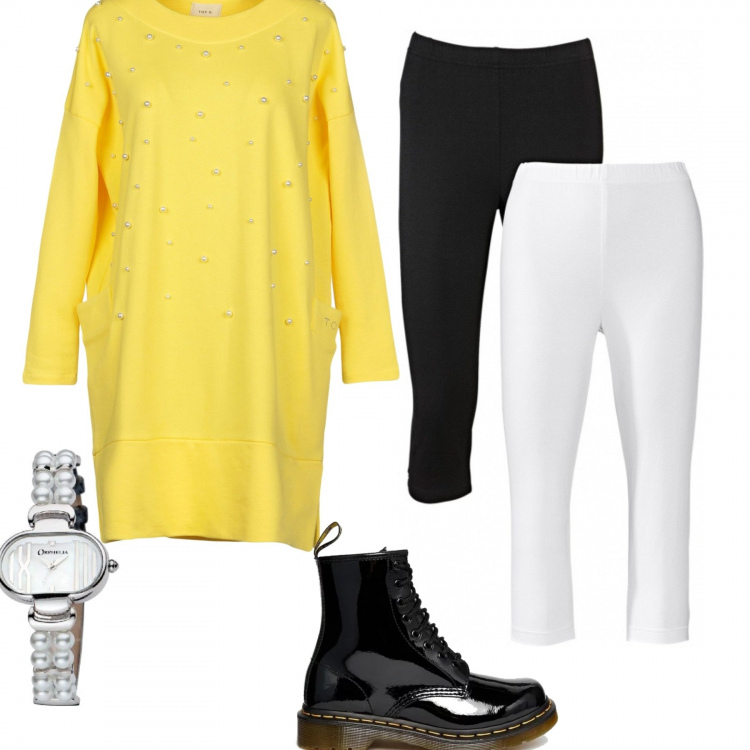Outfit donna - Perle e dr martins. Stile Basic per Tutti i giorni. Abbinamento con leggings, vestito corto, anfibi effetto vernice, bracciale con perle.