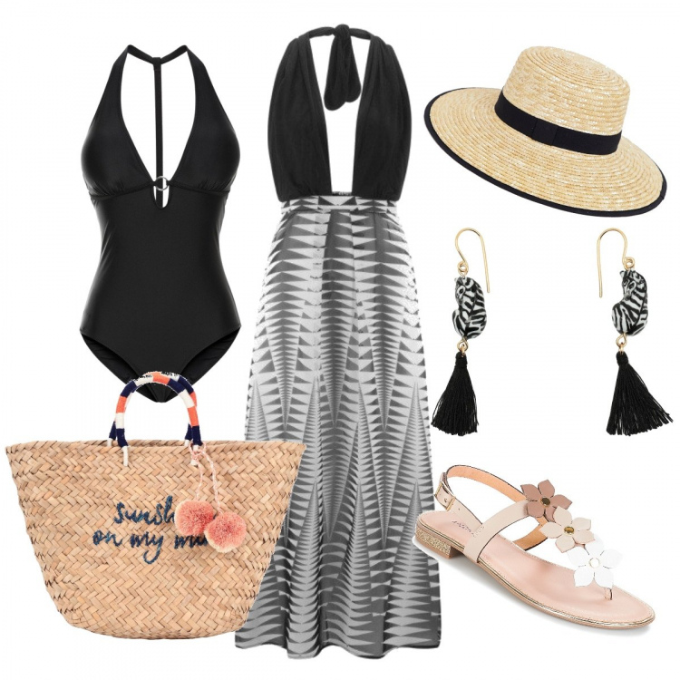 Outfit donna - Borsa e cappello di paglia. Stile Trendy per Mare. Abbinamento con costumi interi, vestito con scollo, borsa a mano stretto, orecchini in ottone fatto a mano oro, infradito beige, cappello contrasto in paglia.