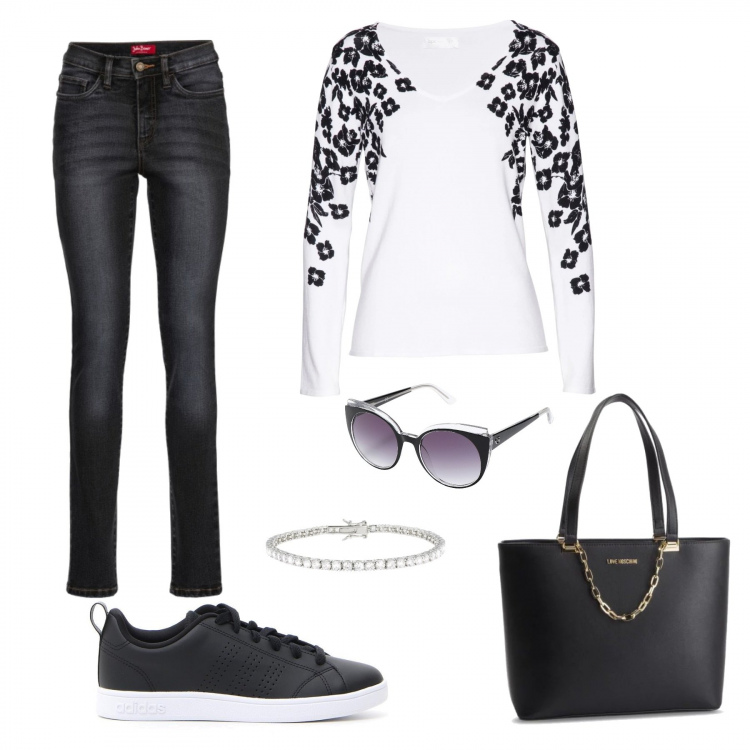 Outfit donna - Welcome spring. Stile Trendy per Scuola/Università. Abbinamento con jeans slim fit, maglione bianco, occhiali da sole lenti sfumate montatura in plastica, sneakers, shopping bag con zip in ecopelle con tasca interna oro, bracciale tennis in argento 925 argento.