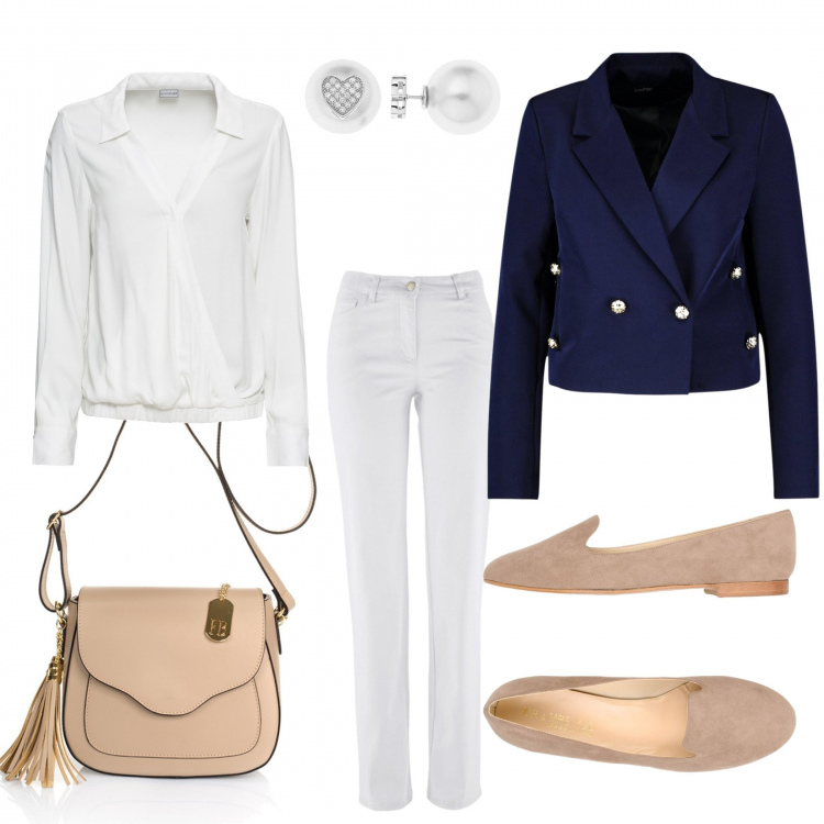 Outfit donna - Pasquetta al mare. Stile Basic per Tutti i giorni. Abbinamento con pantaloni, blusa a portafoglio con scollo bianco, mocassini effetto scamosciato con punta tonda tinta unita, blazer doppiopetto stile militare con tacco squadrato, borsa a tracolla contrasto con scomparti beige, orecchini in argento 925 bianco.