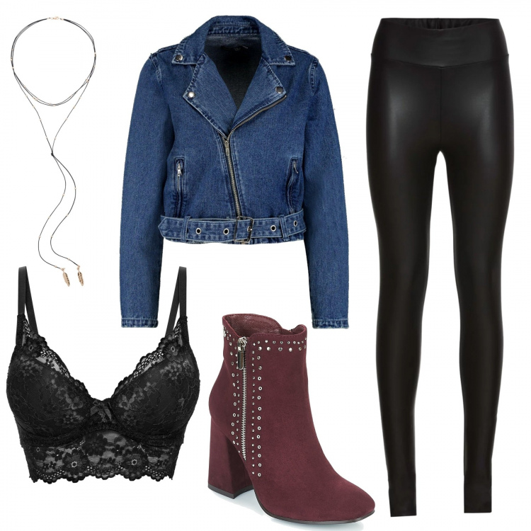 Outfit donna - Jeans e pelle. Stile Urban per Tutti i giorni. Abbinamento con treggings, reggiseno, collana nero, giacca wrap con zip in denim, stivaletti.