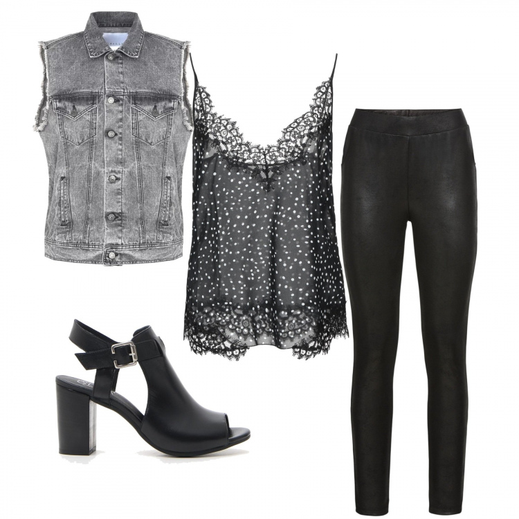 Outfit donna - Rock #1295. Stile Rock per Serata fuori. Abbinamento con leggings effetto scamosciato in pelle sintetica, top, giacca contrasto delavé collo classico senza maniche in denim tinta unita, sandali, tuta multicolore e navy, orologio con manico contrasto in paglia nero.
