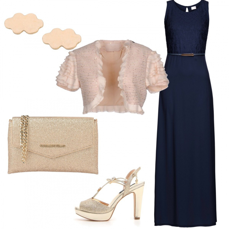 Outfit donna - Lungo lungo. Stile Basic per Cerimonia. look ideale per Tall. Abbinamento con vestiti lunghi, giacca senza tasche tweed effetto laminato scollatura profonda a maniche corte interno foderato tinta unita blu, borsa a mano mini glitter interno foderato tinta unita, orecchini, sandali.