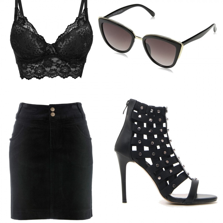 Outfit donna - Ariana grande. Stile Rock per Serata fuori. Abbinamento con gonne lunghe, reggiseno, occhiali da sole nero, tronchetti.
