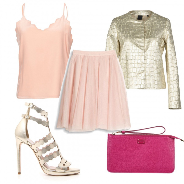 Outfit donna - Sandalo Platino. Stile Chic per Cerimonia. Abbinamento con giacca effetto laminato collo tondo a maniche lunghe interno foderato jacquard, pochette, top interno foderato in seta crêpe, gonna beige, sandali.