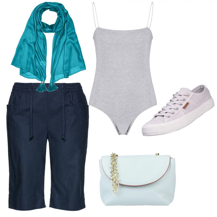 Outfit donna - Urban #3741. Stile Urban per Tutti i giorni. Abbinamento con bermuda, borse a tracolla, body skinny con fasce, sciarpa verde, scarpe da ginnastica viola.