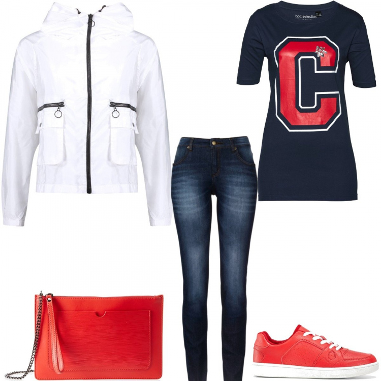 Outfit donna - #Mi vesto bene con poco. Stile Trendy per Serata fuori. Abbinamento con jeans skinny, t-shirt con stampa blu, sneakers, cappotto wrap, borsa a tracolla rosso.
