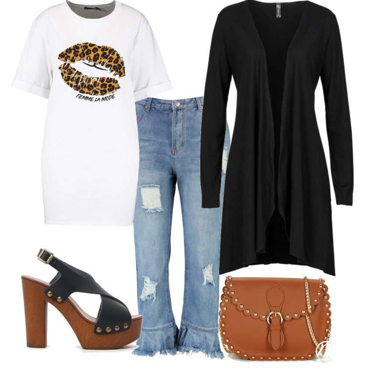 Outfit donna - Young curvy. Stile Trendy per Tutti i giorni. Abbinamento con cardigans, vestito, top intero effetto increspato 95% cotone, borsa a tracolla marrone, sandali.