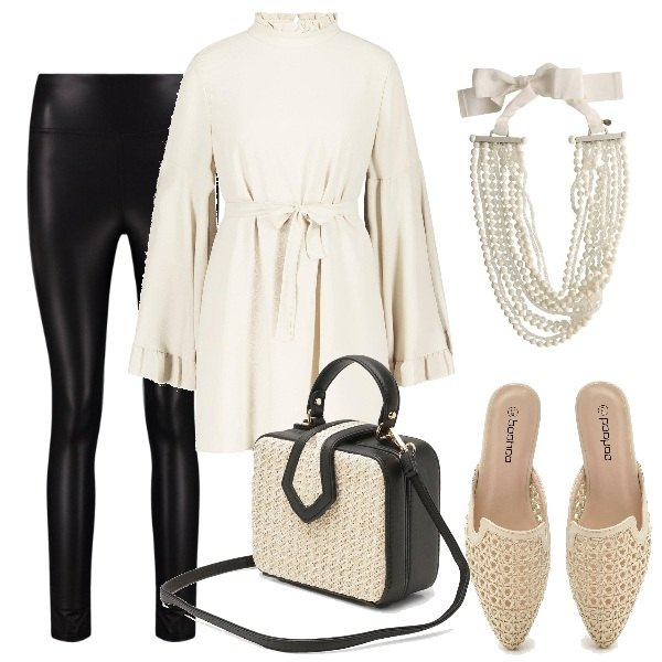 Outfit donna - NEW SHOP: Boohoo. Stile Chic per Tutti i giorni. Abbinamento con collana fantasia con laccetti tinta unita, vestito skater taglio dritto con volant aderente bianco, mocassini, borsa a tracolla con punta quadrata in paglia, leggings skinny vita alta in pelle sintetica.