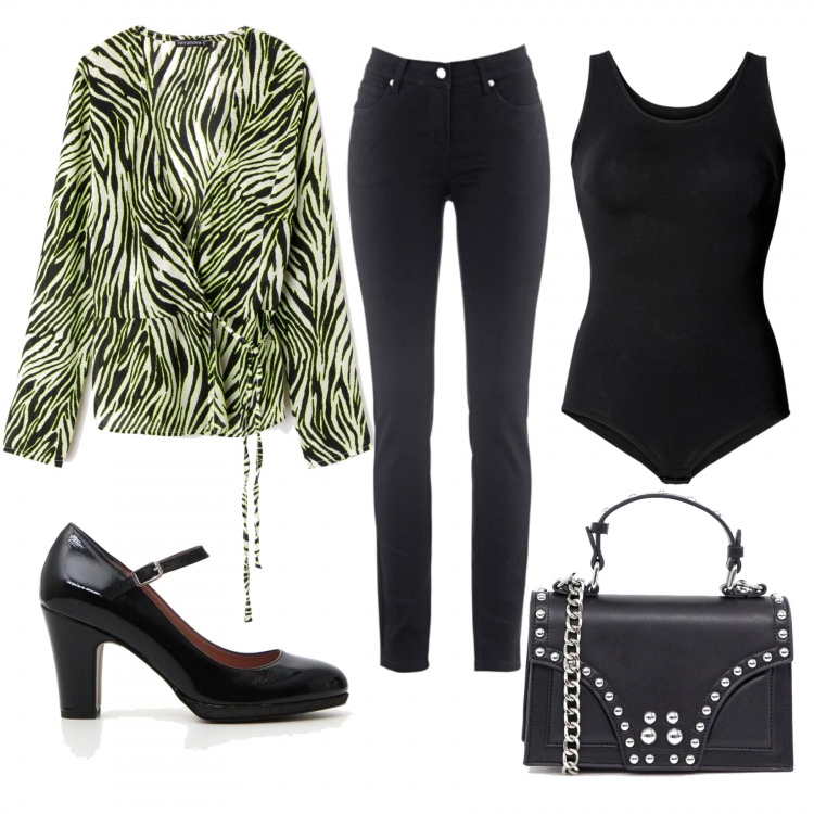 Outfit donna - Jeans e marijane. Stile Trendy per Tutti i giorni. Abbinamento con jeans slim fit, body, blusa verde, décolleté, maglia con manico e borchie con cinturino.