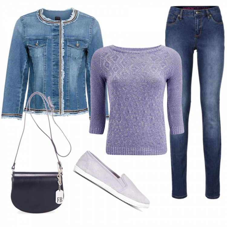 Outfit donna - Jeans & purple. Stile Bon Ton per Tutti i giorni. Abbinamento con jeans skinny, giacche, ballerine sport viola, maglione manica raglan aderente viola, borsa a tracolla contrasto con scomparti nero.