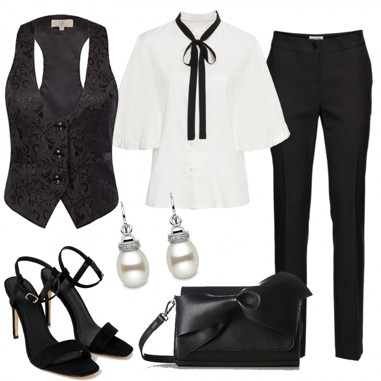Outfit donna - Bon ton con il gile\' damascato. Stile Chic per Cerimonia. Abbinamento con pantaloni, camicetta con fiocco e ruches, gilet, sandali con tacco spillo e punta quadrata nudo, borsa a tracolla nero, orecchini con perle argento.