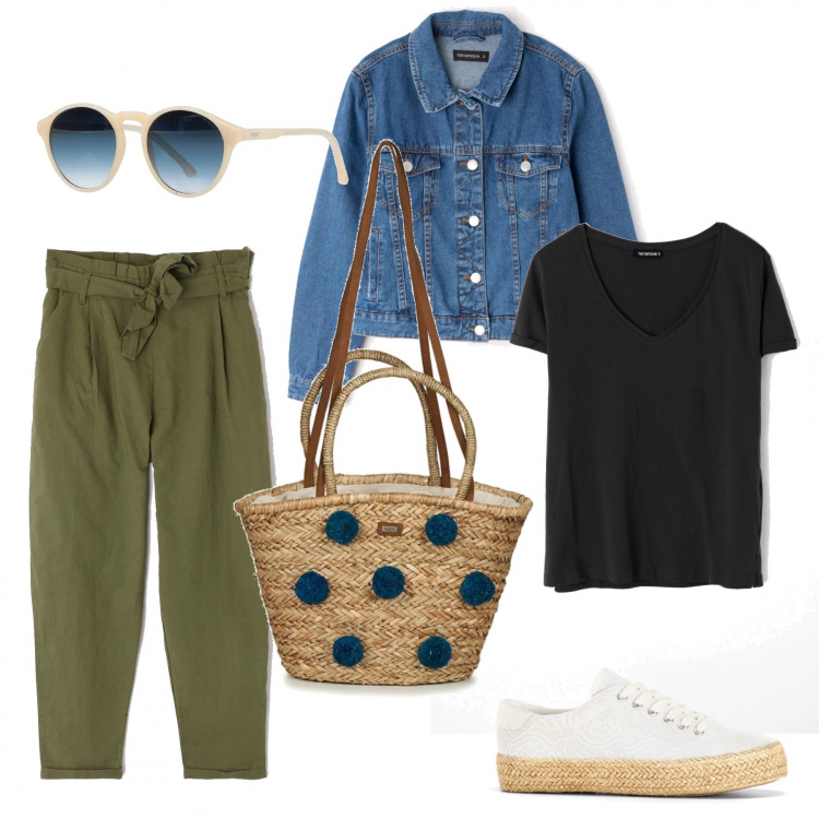 Outfit donna - Gita fuori porta. Stile Basic per Tutti i giorni. Abbinamento con sneakers con plateau, occhiali da sole tinta unita, pantalone paper bag stile militare tinta unita verde, t-shirt con scollo a maniche corte nero, giacca in denim blu, borsa beige.