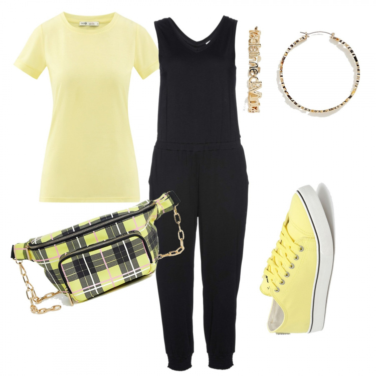 Outfit donna - Comoda col marsupio. Stile Basic per Tutti i giorni. Abbinamento con tuta, sneakers giallo, marsupio a quadri con cinturino giallo, orecchini oversize a scatto con logo oro, t-shirt aderente giallo.
