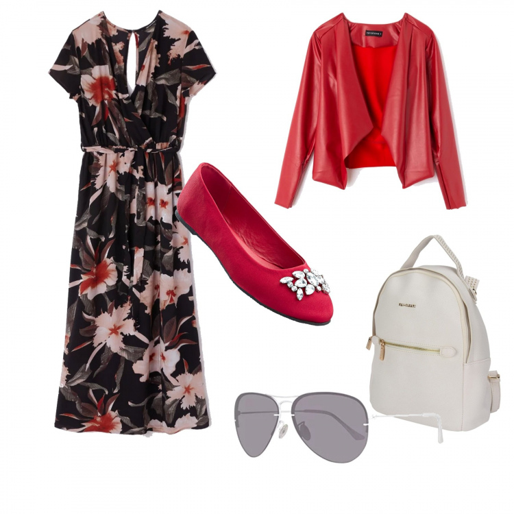 Outfit donna - Pasqua a Sorrento. Stile Urban Abbinamento con maglieria, borsa, vestito, giacca scollatura in ecopelle rosso, occhiali da sole unisex-adulto grigio.