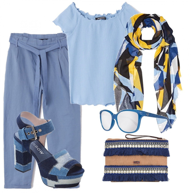 Outfit donna - Frammenti diceva frammenti di mare. Stile Trendy per Tutti i giorni. Abbinamento con sandali con plateau blu, borsa a mano con frange taglia media con zip interno foderato tinta unita, t-shirt a coste con spalle scoperte a maniche corte tinta unita, pantalone paper bag tinta unita, sciarpa con stampa blu, occhiali da sole blu.