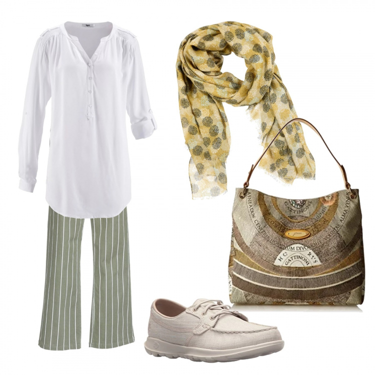 Outfit donna - Fresca e comoda al lavoro. Stile Basic per Ufficio. Abbinamento con tuniche, pantalone motivo gessato, stola, scarpe beige e grigio, shopping bag beige.