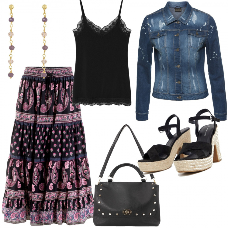 Outfit donna - Hippie chic a primavera. Stile Trendy per Tutti i giorni. Abbinamento con gonne lunghe, giacca con taschini fantasia floreale stretto in denim blu, borsa a tracolla cartella in ecopelle nero, canottiera con pizzo e spalline sottili nero, espadrillas nero, orecchini pendenti.