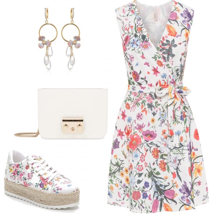 Outfit donna - Tu non senti odore di fiori?!. Stile Bon Ton per Tutti i giorni. Abbinamento con vestito con cintura bianco, sneakers fantasia floreale con punta tonda bianco e multicolore, orecchini, borsa a tracolla.