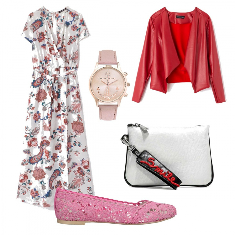 Outfit donna - Basic #6255. Stile Basic per Tutti i giorni. Abbinamento con orologio, ballerine con pizzo effetto laminato senza tacco interno foderato con punta tonda tinta unita, vestito, giacca scollatura in ecopelle rosso, pochette taglia media con zip e logo nero.