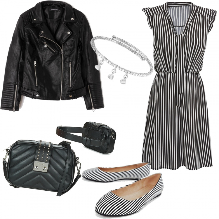 Outfit donna - Righe dalla testa ai piedi. Stile Rock per Tutti i giorni. Abbinamento con vestito con fiocco e ruches con scollo nero, giacca forma asimmetrica con zip in ecopelle tinta unita nero, marsupio nero, ballerine a righe pianta larga, bracciale.