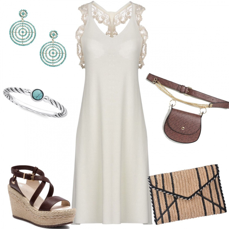 Outfit donna - In estate Con la Beltbag. Stile Etnico per Tutti i giorni. Abbinamento con vestito corto, borsa a mano fantasia taglia media interno foderato con scomparti, orecchini con perline e farfallina oro e argento, sandali con plateau e fasce con punta tonda, completo petite in denim, orologio con perle in argento 925.