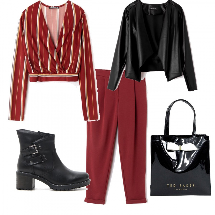 Outfit donna - Basic #6256. Stile Basic Abbinamento con pantalone, blusa a righe con scollo a maniche lunghe crop, giacca scollatura in ecopelle nero, vestito con fiocco vivace, stivaletti con cinturino.